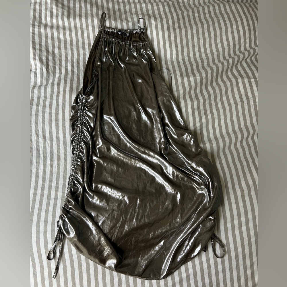 Zara Metallic Silver Drawstring Mini Dress